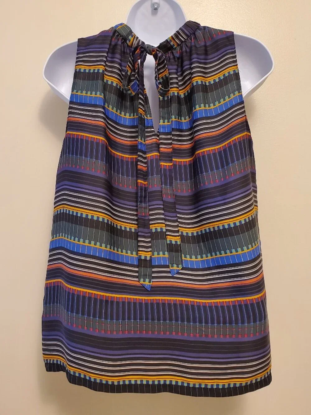 LOFT Festival Striped Multi-Color Tie Back High Neck Sleeveless Top Blouse - SP - Picture 9 of 12